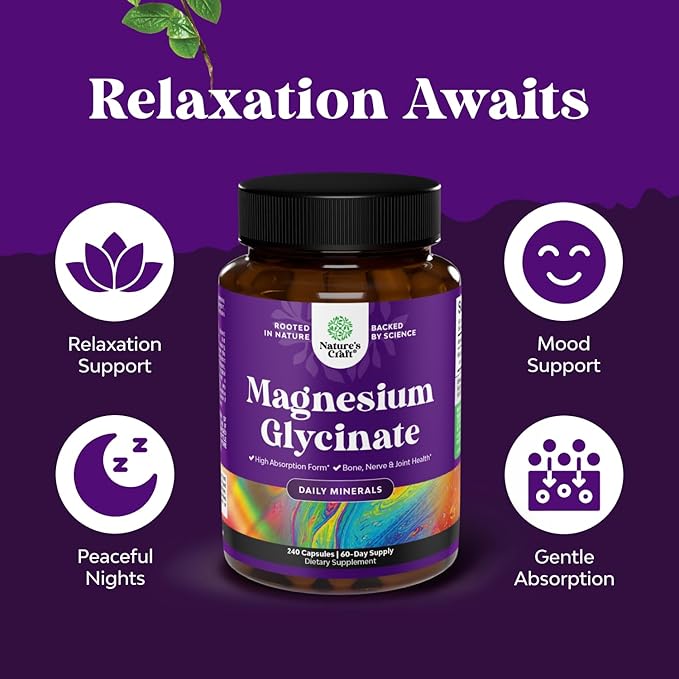 High Absorption Magnesium Glycinate Capsules - 500mg Magnesium Glycinate Per Serving for Calming Sleep Plus Muscle Bone & Nerve Support - Chelated 500mg GMP Certified - 240 Count