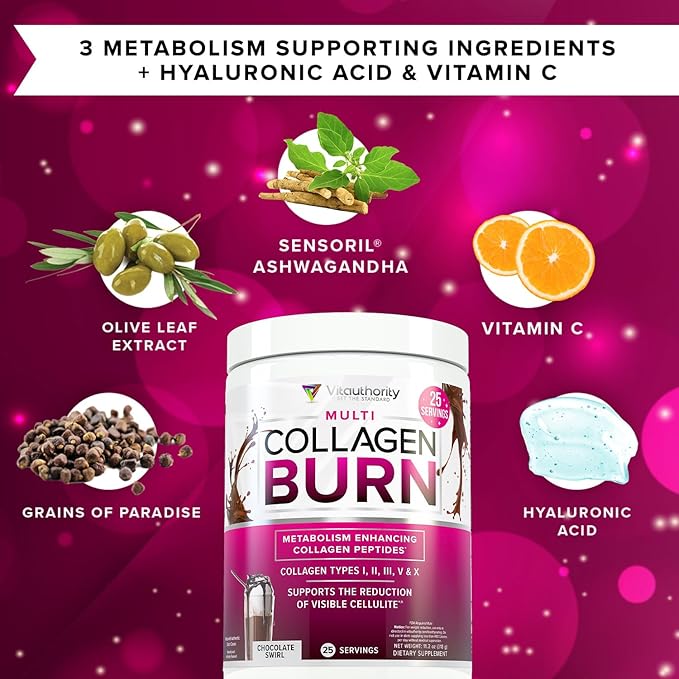 Vitauthority Collagen Peptides Powder Weight Loss Supplements | Hydrolyzed Beauty Complex for Women, Hair Skin Nails | Fat Burning Support | Chocolate Flavored 25 Servings