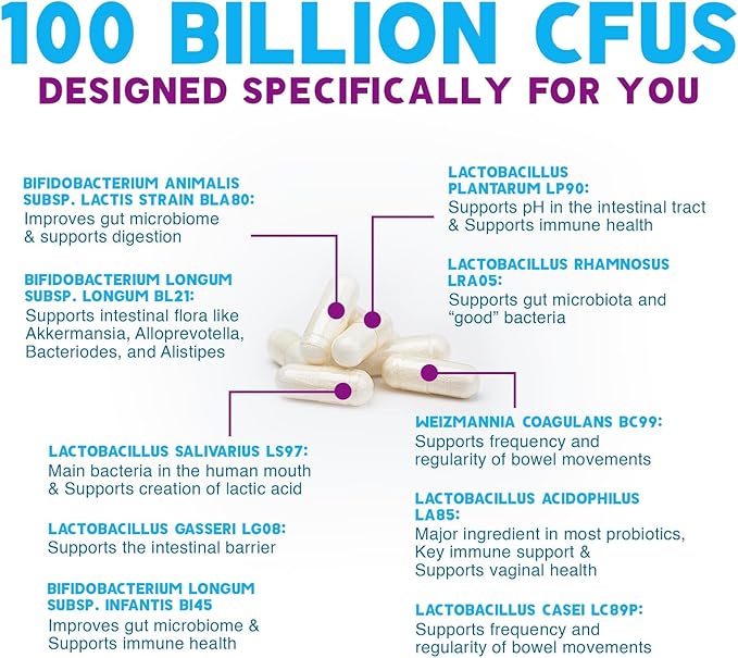Probiotics 100 Billion CFU Per Serving - 10 Probiotic Strains & Prebiotics - Digestive Gut Health, Immune Support & Occasional Constipation, Gas & Bloating - Daily Supplement For Adults - 120 Capsules