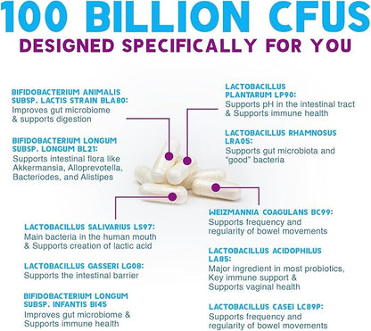 Probiotics 100 Billion CFU Per Serving - 10 Probiotic Strains & Prebiotics - Digestive Gut Health, Immune Support & Occasional Constipation, Gas & Bloating - Daily Supplement For Adults - 60 Capsules