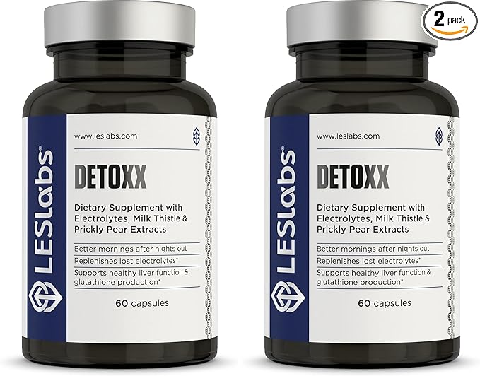 LES Labs DeToxx – Better Mornings & Recovery, Liver Support, Electrolyte Replenishment & Glutathione Support – Prickly Pear, Milk Thistle & NAC – Non-GMO Supplement – 60 Capsules (Pack of 2)