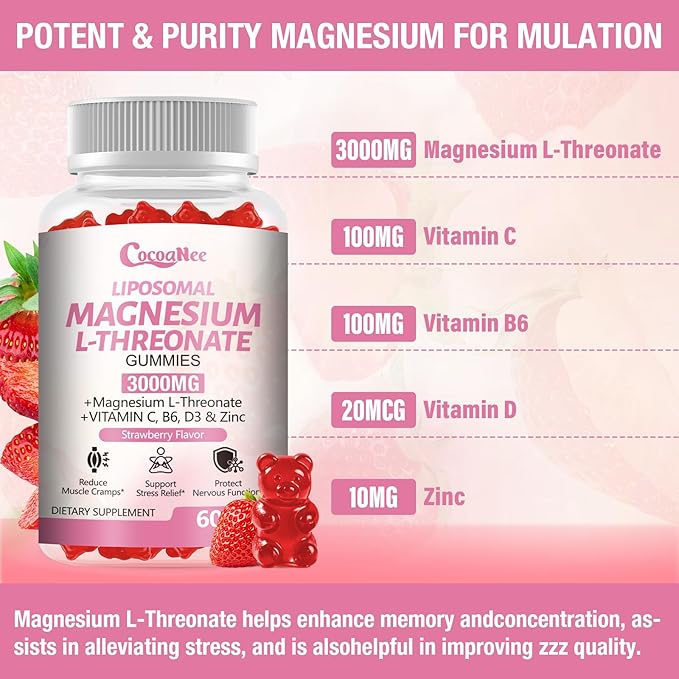 3000mg High-Potency Liposomal Magnesium Threonate Gummies, Magnesium L-Threonate Supplements, Liposomal Enhance 98% Absorption, Muscle & Nervous System Support for Adults & Kids, Strawberry Flavor