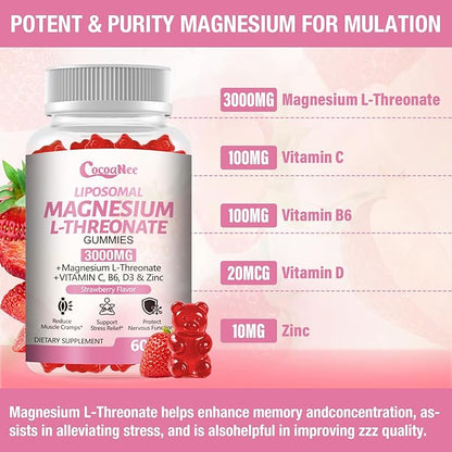3000mg High-Potency Liposomal Magnesium Threonate Gummies, Magnesium L-Threonate Supplements, Liposomal Enhance 98% Absorption, Muscle & Nervous System Support for Adults & Kids, Strawberry Flavor