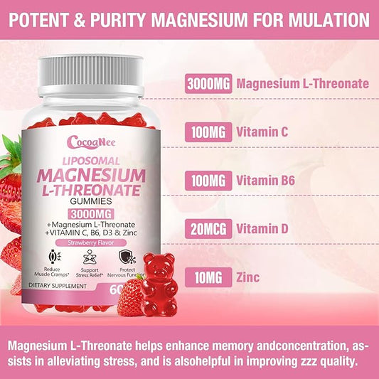 3000mg High-Potency Liposomal Magnesium Threonate Gummies, Magnesium L-Threonate Supplements, Liposomal Enhance 98% Absorption, Muscle & Nervous System Support for Adults & Kids, Strawberry Flavor