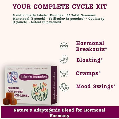 Period ovulatory & PMS Support Supplement for Women – Hormone Balance + 4-Phase Menstrual Cycle Kit | Vegan Functional Mushroom Gummies by Baker’s Botanics (Pack of 6)(30 Gummies)