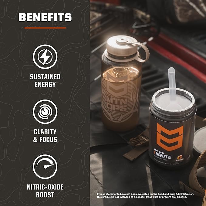 MTN OPS Ignite Sugar Free Energy Drink Powder with 200mg Caffeine, Nootropic Blend for Energy, Focus & Endurance, L Arginine & L Citrulline Pre Workout, 45 Servings, Blue Raspberry