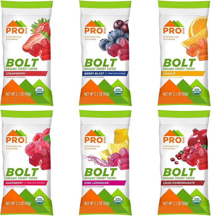 PROBAR - BOLT Organic Energy Chews,Variety Pack,Strawberry,Berry Blast,Orange,Raspberry,Pink Lemonade,Cranberry Pomegranate - Gluten-Free,USDA Certified Organic - Flavors May Vary,(Pack of 24)