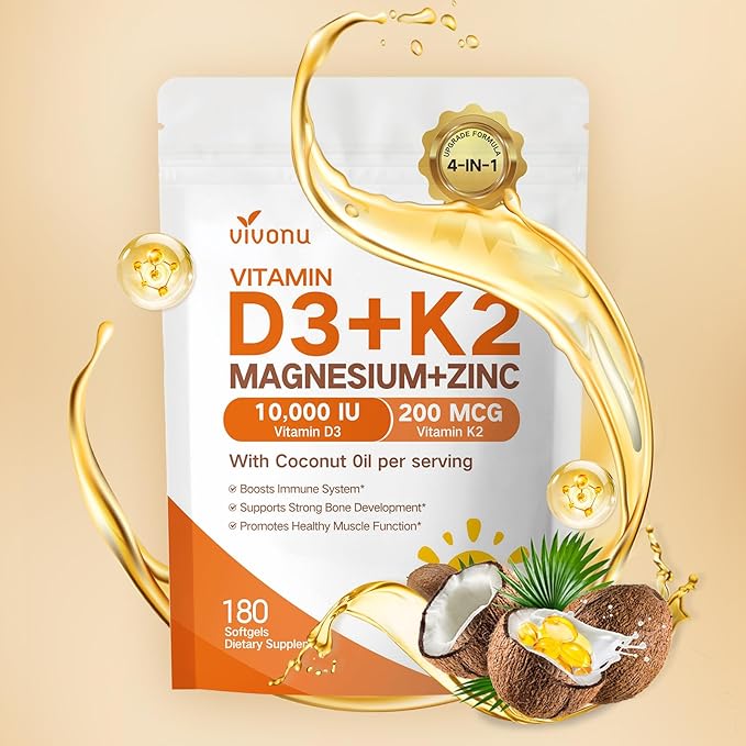 VivoNu Vitamin D3 K2 10,000 IU Magnesium Supplement – 4-in-1 with Vitamin D and K (MK-7), Magnesium Glycinate & Zinc Citrate – 180 Softgels (720 Softgels)