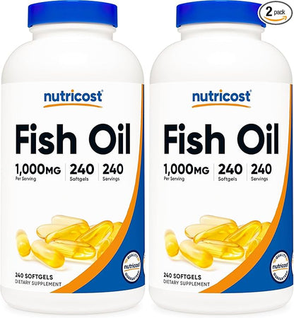 Nutricost Fish Oil Omega 3 Softgels with EPA & DHA (1000mg of Fish Oil, 560mg of Omega-3), 240 Softgels, Non-GMO, Gluten Free. (Pack of 2)
