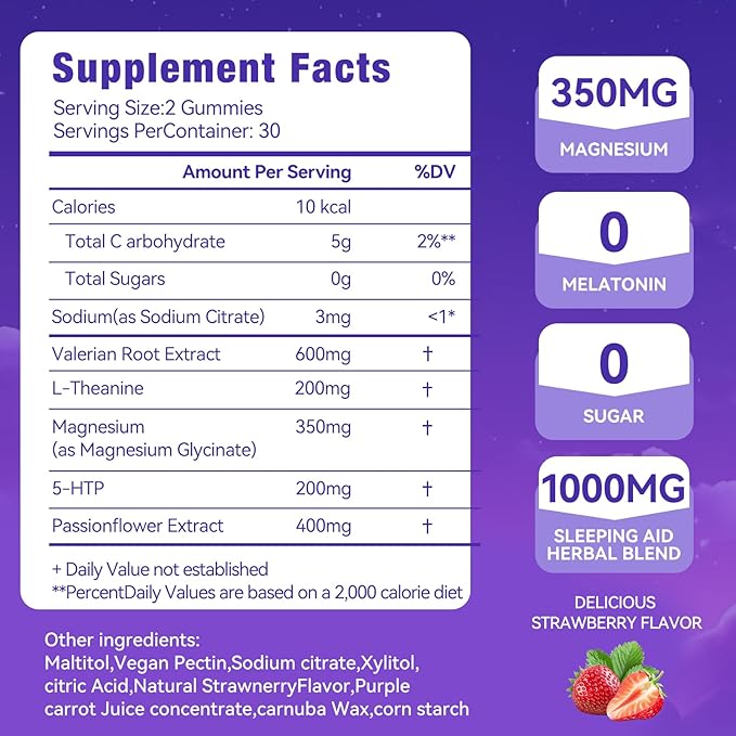 Melatonin Free Sleep Gummies for Adults with Magnesium, Valerian Root, 5-HTP & Herbal Blend - Natural Sleep Aid Supplements - Non-Habit Forming, Sugar Free, Strawberry Flavor, 60 Count (2)