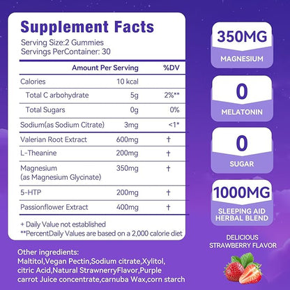 Melatonin Free Sleep Gummies for Adults with Magnesium, Valerian Root, 5-HTP & Herbal Blend - Natural Sleep Aid Supplements - Non-Habit Forming, Sugar Free, Strawberry Flavor, 60 Count (2)