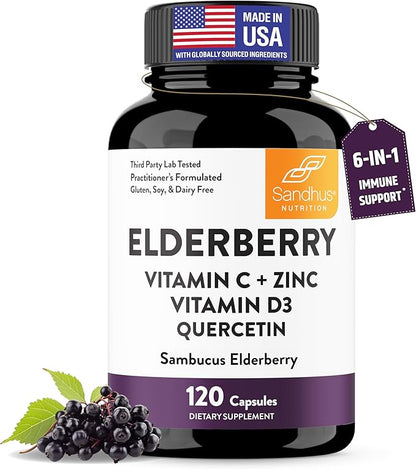 Elderberry Vitamin C and Zinc Capsules with D3 and Quercetin | 6-in-1 Immune Support Supplement Pills for Adults | 120 Count Sambucus Black Elderberry Natural Immunity Vitamins | Made in USA