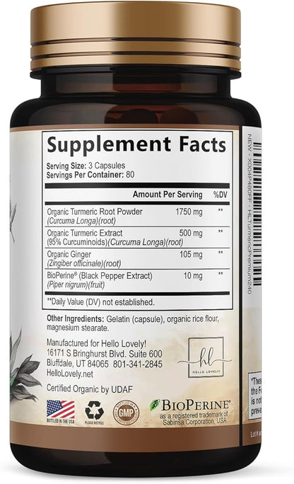 Turmeric Curcumin Supplement with 95% Curcuminoids, Organic Turmeric & Ginger 1750mg, BioPerine Black Pepper for Best Absorption, Nature's Vegan Joint Support, Non-GMO, Bottled in USA - 240 Capsules