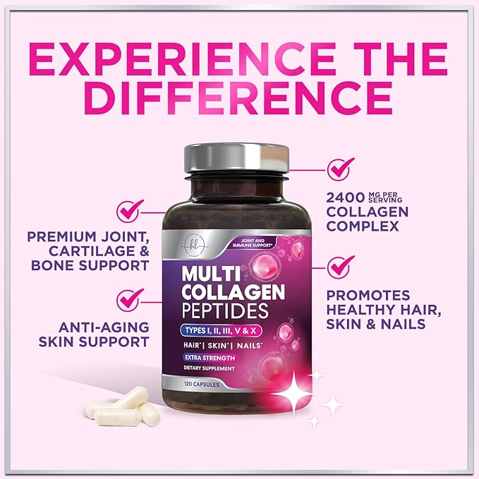 Multi Collagen Peptides Complex - Advanced Hydrolyzed Collagen Supplement Pills with Type I, II, III, V & X - Hair, Skin, Nail & Joint Support Supplement for Women & Men - USA Bottled - 120 Capsules