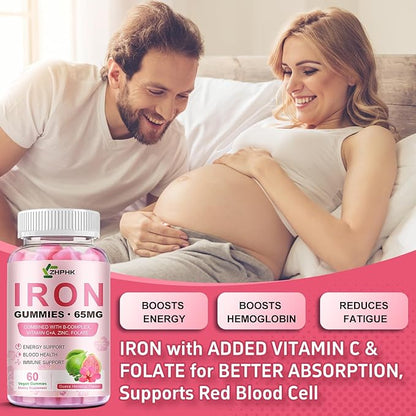 ZHPHK Iron Gummies for Women Men Vitamin Supplement 65mg & Vitamin C 250mg Per Serving with B6 B12 Folate- Energy Support for Iron Deficiency, Anemia, Vegan Guava Hibiscus Flavor, 120 Count