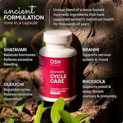 Osh Cycle Care – Natural Period Pain & Cramp Relief for Women | Hormonal Acne Support, Bloating & Mood Balance | Ayurvedic Supplement with Chasteberry, Shatavari & Borage Oil | 60 Capsules