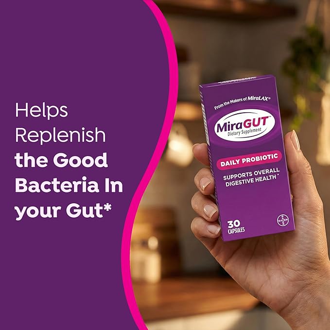 from The Makers of MiraLAX, MiraGUT Daily Probiotic, Probiotics for Digestive Health, Gluten-Free Supplement, Probiotic for Women and Men, Support Overall Digestive Health, 30 Ct