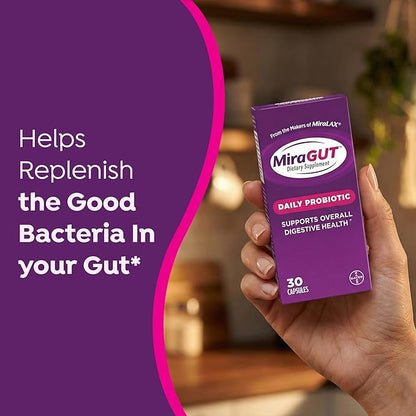 from The Makers of MiraLAX, MiraGUT Daily Probiotic, Probiotics for Digestive Health, Gluten-Free Supplement, Probiotic for Women and Men, Support Overall Digestive Health, 30 Ct