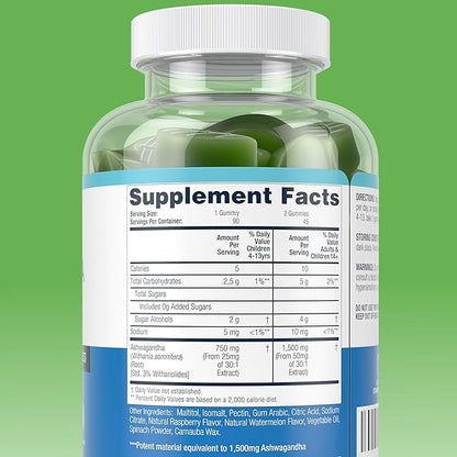 Sugar-Free Ashwagandha Gummies for Stress, Sleep & Mood Support - High-Potency 30:1 Ashwagandha Supplement Extract - Vegan Adaptogen Supplement for Women & Men, Natural Flavor, Plant-Based, 90 Gummies