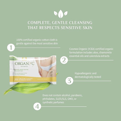 Organyc - 100% Organic Cotton Intimate Wet Wipes, No Parabens, Alcohol, or Chlorine -, White, 20 Count (Pack of 3) (ORGWW1A)