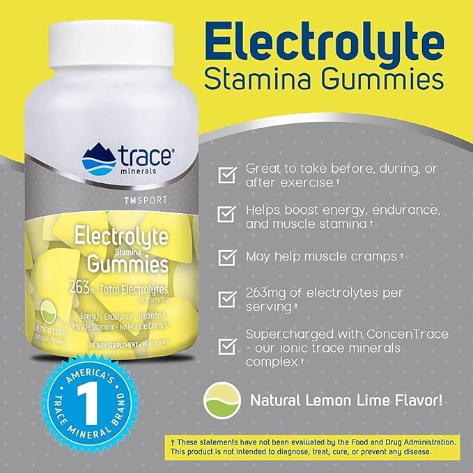 Trace Minerals Electrolyte Stamina Gummies - Convenient Electrolyte Supplement that Supports Hydration - Supports Optimal Energy - Muscle Stamina - Vegan - Lemon Lime - 90 Count (30 Servings)