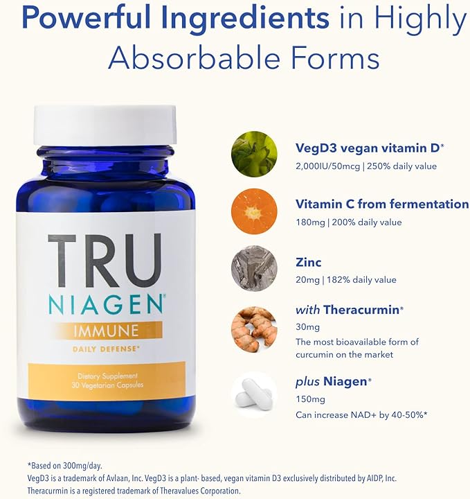 TRU NIAGEN Immune Support Supplement - Daily Defense - Vitamin C from Fermentation, Vegan Vitamin D3 2000 IU, Zinc, Plus Theracurmin (Curcumin) + Multi Award-Winning NAD Boosting Niagen 150mg 30ct