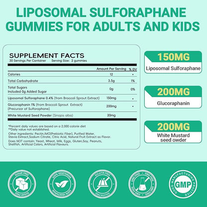 Liposomal Sulforaphane Supplement Gummies 150mg - Organic Broccoli Sprout Extract Supplement with Glucoraphanin, White Mustard for Antioxidant, Detox - Sugar Free, Lemon Flavored,120 Counts