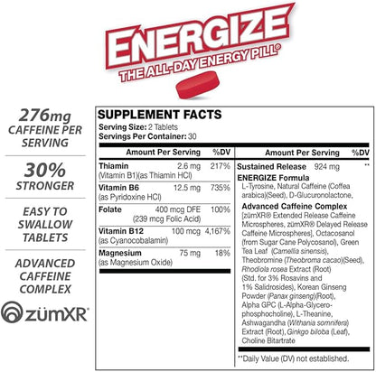 iSatori Men & Women Energize Extra Strength Caffeine Pills | Fast Acting Long-Lasting Energy Pill | Extended Time Release Caffeine | Improved Clarity, Energy Support | No Jitters, Crash | 60 Tablets