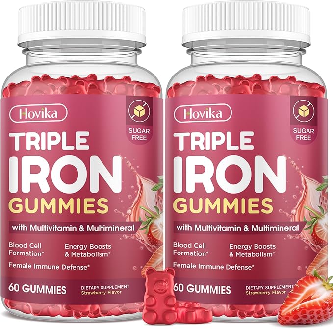 Iron Gummies for Women, Triple Iron Supplement with Multivitamin Iron Gummies with Vitamin C, A, B, Folate, Copper, Zinc for Energy & Blood Support, Immune Health, Vegan, Strawberry Flavor, 120 Counts