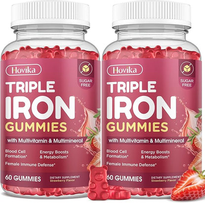 Iron Gummies for Women, Triple Iron Supplement with Multivitamin Iron Gummies with Vitamin C, A, B, Folate, Copper, Zinc for Energy & Blood Support, Immune Health, Vegan, Strawberry Flavor, 120 Counts