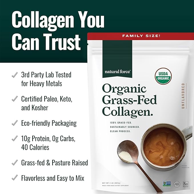 Natural Force Organic Clean Collagen Peptides Powder - USDA Certified Organic & Non-GMO, Keto & Paleo Certified - Hydrolyzed Type I & III Protein Powder with Essential Amino Acids – Unflavored, 32oz