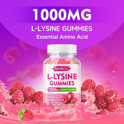 MEENCCD L-Lysine 1000mg Gummies, Lysine Supplement for Adults & Kids, Essential Amino Acid Supplement Supports Collagen Formation, Sugar-Free, Raspberry Flavor, 60 Count