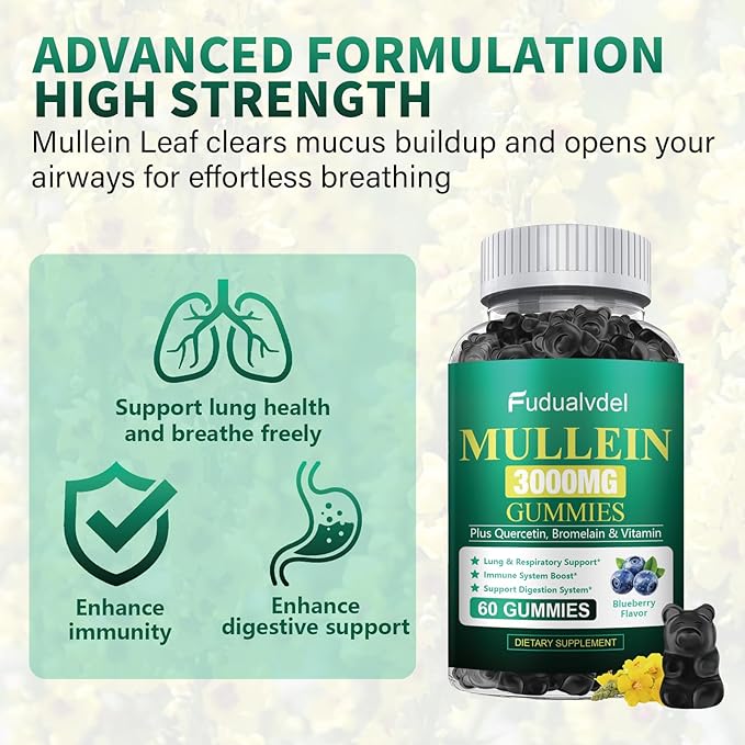 1 Pack 3000MG Organic Mullein Gummies for Lung, Mullein Leaf Extract for Lungs - Quercetin, Bromelain for Respiration，Immune and Digestive Support, 60 Count Blueberry Gummys