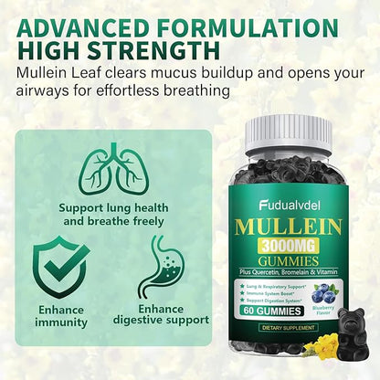 2 Packs 3000MG Organic Mullein Gummies for Lung, Mullein Leaf Extract for Lungs - Quercetin, Bromelain for Respiration，Immune and Digestive Support, 120 Count Blueberry Gummys