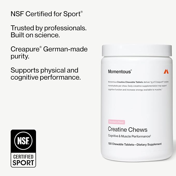 Momentous Creatine Chews - Creatine Monohydrate - Supports Strength, Lean Muscle, & Recovery for Men & Women - NSF Certified for Sport - 150 Chewable Tablets - Strawberry