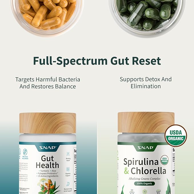 Snap Supplements Gut Health Lipase Supplement & Organic Spirulina Chlorella Bundle–Probiotic + Greens–Supports Digestion, Detox, Energy & Immune Health, 50 + 120 Vegetarian Capsules (1 Month Supply)