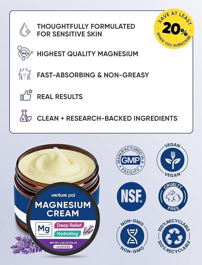 Venture Pal Topical Magnesium Cream, Fast-Absorbing Magnesium Moisturizing Lotion with Coconut Oil, Shea Butter & Hyaluronic Acid, Suitable for Kids