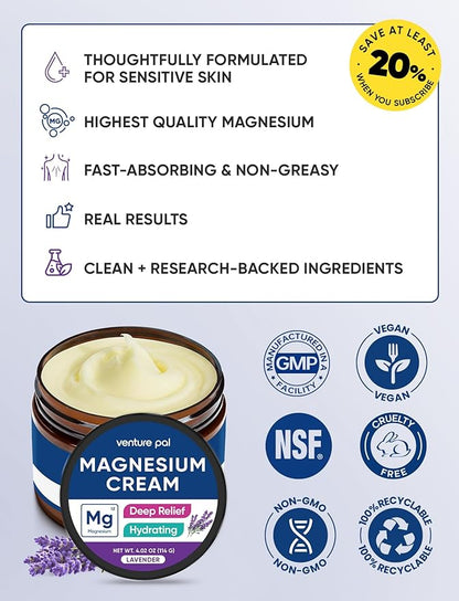 Venture Pal Topical Magnesium Cream, Fast-Absorbing Magnesium Moisturizing Lotion with Coconut Oil, Shea Butter & Hyaluronic Acid, Suitable for Kids