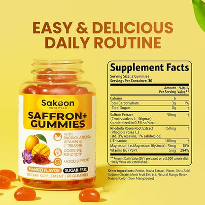 Saffron Gummies for Mood Boost & Stress Relief | Saffron Extract with 150mg Rhodiola Rosea & L-Theanine | Sugar Free Mango Flavor | Focus & Energy Supplement for Women & Men | 60 Count