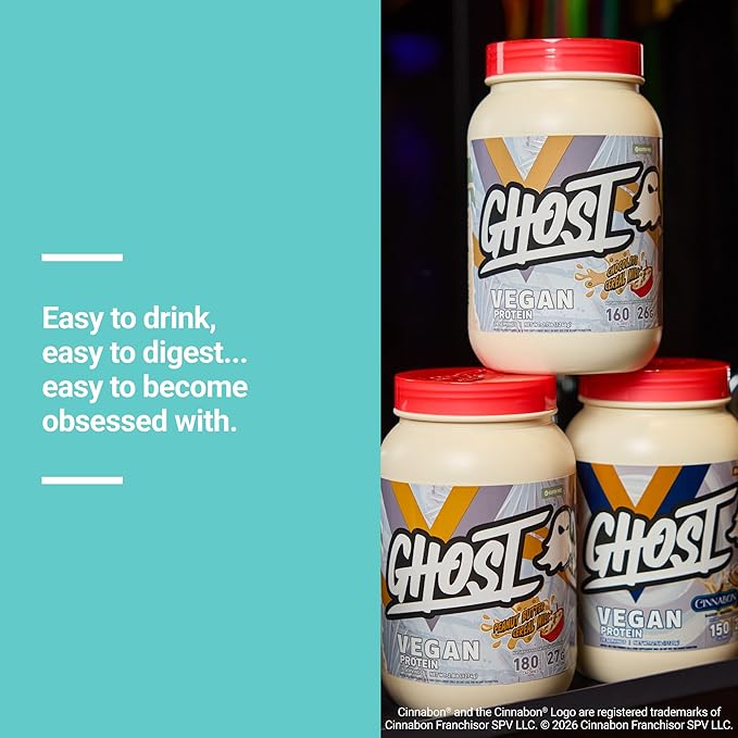 GHOST Vegan V2 Protein Powder, Cinnabon – 2.5LB Tub, 25G of Protein - Plant-Based Pea & Organic Pumpkin Blend Protein with Fiber & Iron ­- Flavored Post Workout Shakes - Soy & Gluten Free