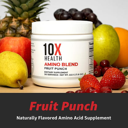 10X Health Amino Acids - 30 Servings of EAA & BCAA Powder, Pre Workout BCAA with Essential Amino Acids Supplement - BCAAs & EAAs for Longevity, Muscle Support, Strength, Energy - Fruit Punch