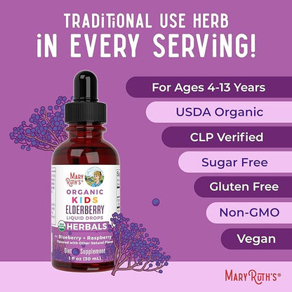 MARYRUTH'S USDA Organic Elderberry Liquid Drops for Kids | Vegan Elderberry Extract Organic Glycerin | Immune Support Supplement | Overall Health | Formulated for Ages 4-13 | 1oz