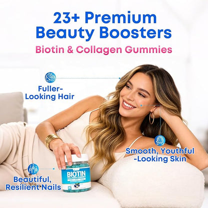 Biotin Gummies 10,000mcg with Collagen - 23-in-1 Hair Growth Gummies for Women & Men - Hair Skin and Nails Gummies with Keratin & Saw Palmetto - Sugar Free Non-GMO, Blueberry, 180 Count
