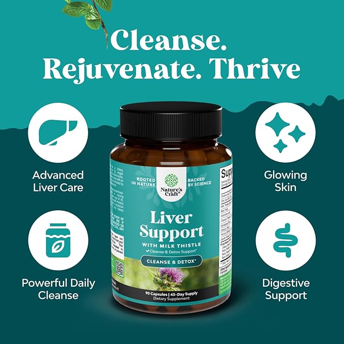 Natures Craft Liver Cleanse Detox & Repair - Herbal Liver Support Milk Thistle Supplement - Silymarin Milk Thistle Supplements with Dandelion Root, Choline, Beetroot & Artichoke Extract - 90 Count