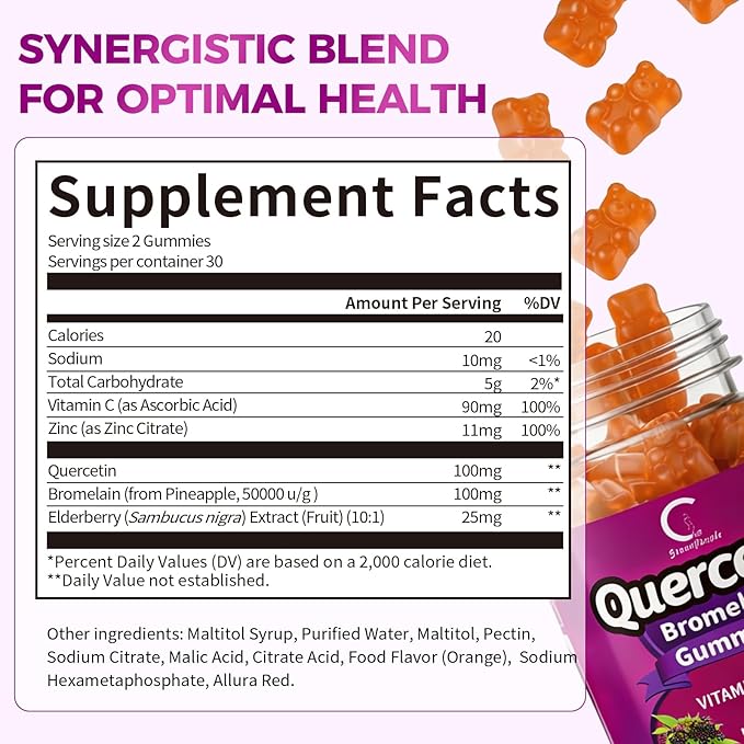 Quercetin Gummies, Quercetin with Bromelain, Vitamin C, Zinc & Elderberry, High Potency Immune Support, Respiratory Health & Antioxidant Supplement for Adult & Kid, Vegan, 60 Gummies (2 Pack)