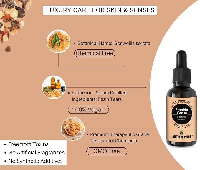 Earth N Pure Frankincense Essential Oil Steam Distilled, Undiluted, Natural and Therapeutic Grade with Glass Dropper 100 ml