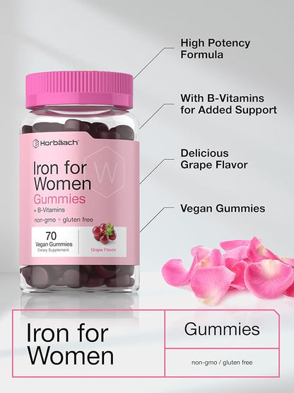 Horbäach Iron Gummies for Women | 70 Count | Grape Flavor | Supplement with B Vitamins Folate and Zinc | Vegan, Non-GMO & Gluten Free