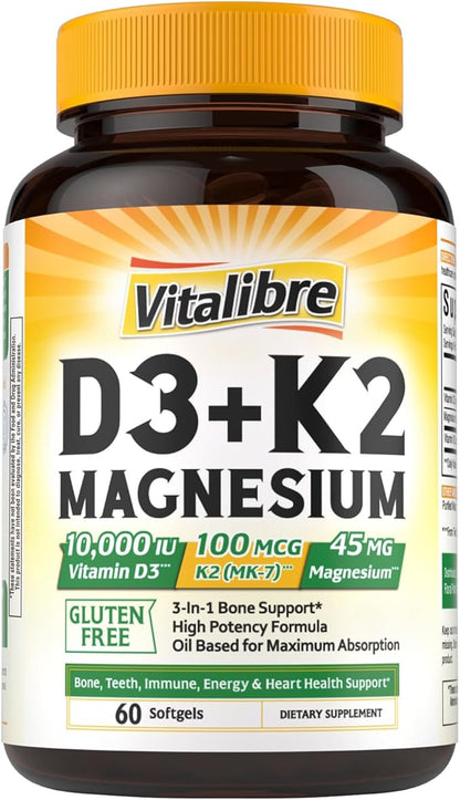 Vitalibre Vitamin D3 K2 + Magnesium Supplement, 10000 IU Vitamin D3 & 100 mcg K2, with Magnesium Glycinate, Bone, Teeth, Immune & Energy Support, High Absorption, Non-GMO, Easy to Swallow, 60 Softgels