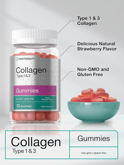 Horbäach Collagen Gummies | 70 Count | Strawberry Flavored Gummy | for Women and Men | Collagen Peptides Type 1 and 3 | Non-GMO, Gluten Free Supplement