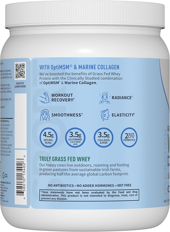 Garden of Life SPORT Whey Protein Powder Vanilla Flavor 20g Plus Marine Collagen Peptides & MSM for Women and Men, Optimum Amino Energy, Younger, Healthier Looking Skin - Grass Fed, About 15 Servings